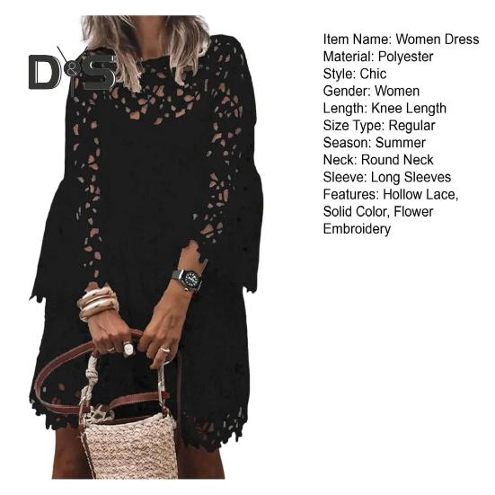 Rochie de toamnă, primăvară, pentru femei, cu dantelă, broderie cu flori, gât rotund, cu mâneci lungi, cu două straturi, culoare solidă, rochie midi etnică lejeră