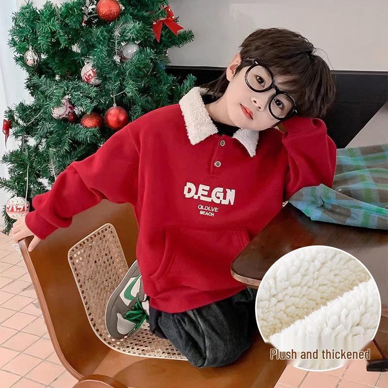 

Свитшот флисовый для мальчиков Сказка Красная 2025 – Зимний утолщенный цельный верх для детей 100 cm красный