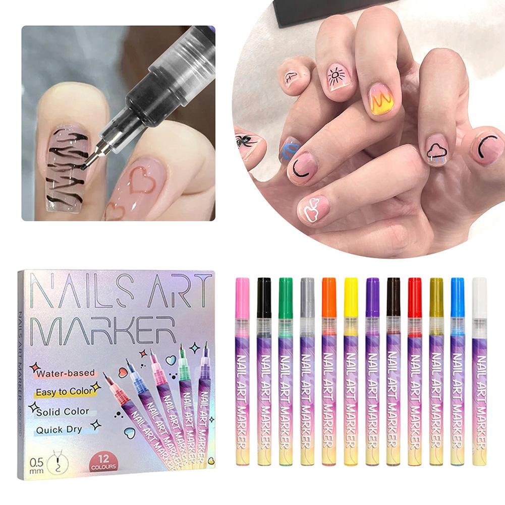 12 Farben/Set Nagelmarker für Nagelkunst 0,5 mm Nagellackstifte Set Wasserdicht Schnelltrocknend Nagel für DIY Nagelkunst Design