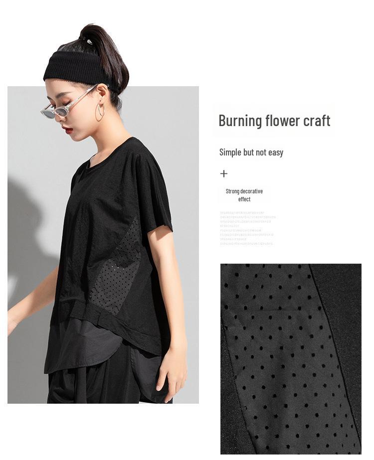 Evropské a americké letní dámské bavlněné tričko s prošívaným dutým vzorem