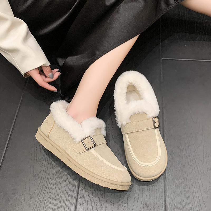 Large Size Cotton Shoes Winter New Round Toe Deep Mouth Suede Metal Buckle Soft Sole Anti-slip Wear-resistant Flats