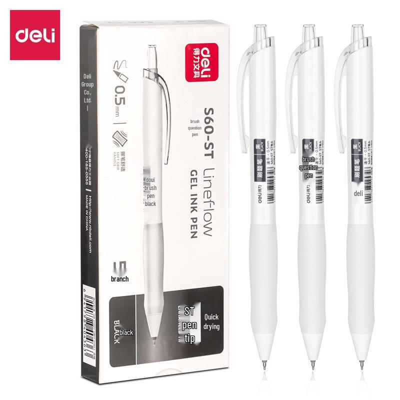 Deli Quick-Drying Press-Type 0.5mm ST Nib Student Pen: Transparent Barrel Black Ink.