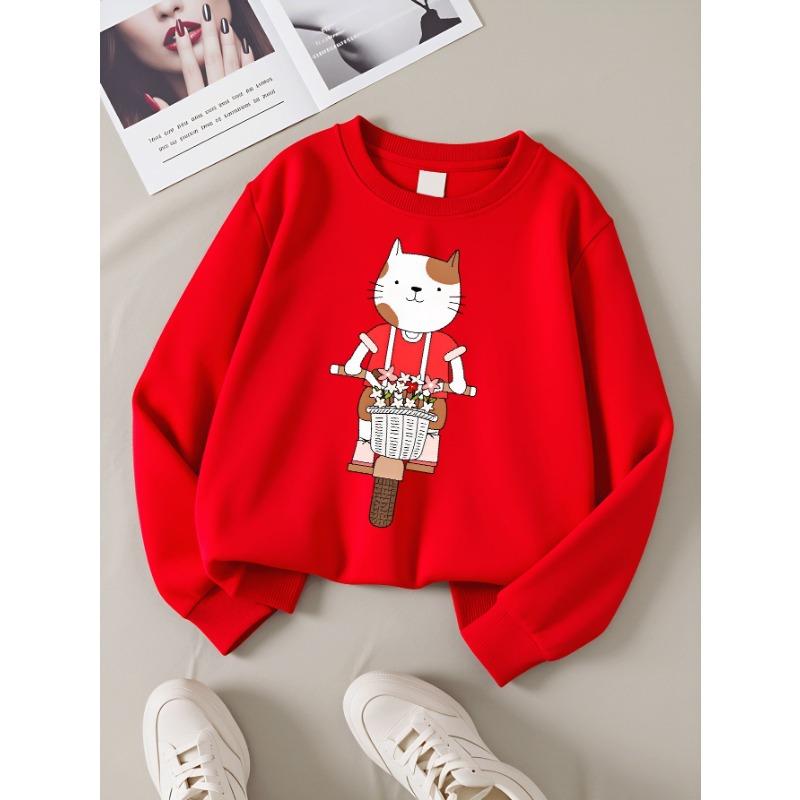 European Sizes Girls Soft Crewneck Sweatshirt Cute Cat Riding Bike with Flower Basket, Casual for Fall Winter, Ideal Holiday Present.