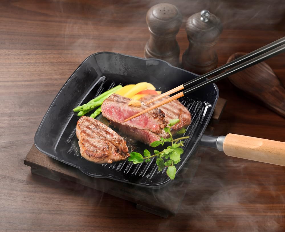 Ishigaki Cast Iron Grill Pan, Outdoor, Wave and Square, Wooden Handle, Induction Compatible, 4564
