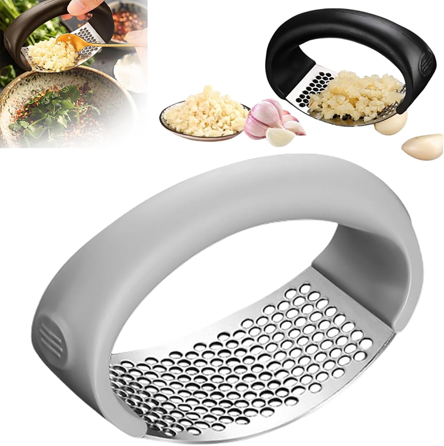 

Чеснокодавилка, Чеснокодавилка из нержавеющей стали, Чеснокодавилка-качалка, Измельчитель чеснока, Чеснокодавилка с овощечисткой, Широкая ручка, Инновационный измельчитель чеснока 1 Pack серый