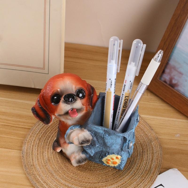Dog Shape Pen Cup Resin Pencil Cup Desktop Pen Stand Makeup Brush Organizers Storage Box Table Ornament for Office Desk