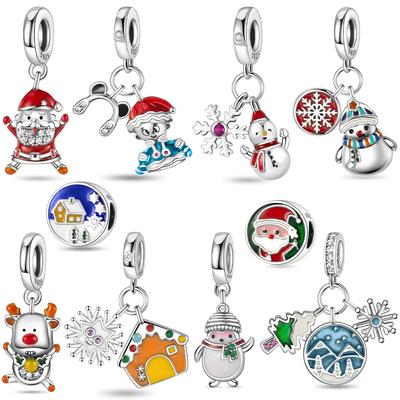 Original Charms Copper White Snowman Snowflakes Christmas Tree Pendant Beads Fit Bracelet Women Making Gift Accessory