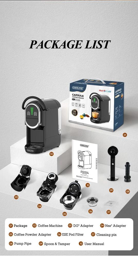 New Cafelffe MK-609S 4in1 Coffee Machine Dolce Gusto Nespresso Capsule ESE Pod Ground Coffee Coffee Cafeteria 19Bar Hot/Cold,Gift for Lover