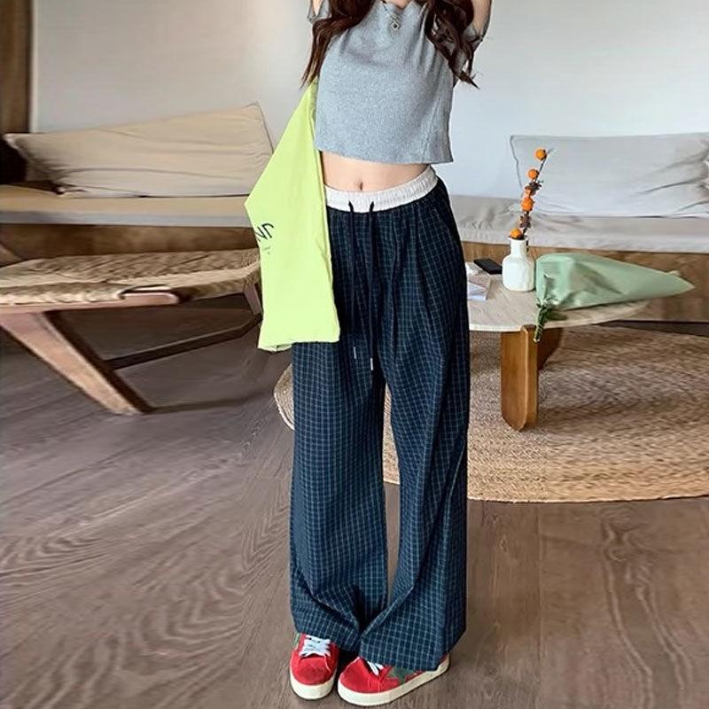 Sommer Atmungsaktiv Lässig Retro Patchwork Kordelzug Karomuster Locker Lässige Lange Hose