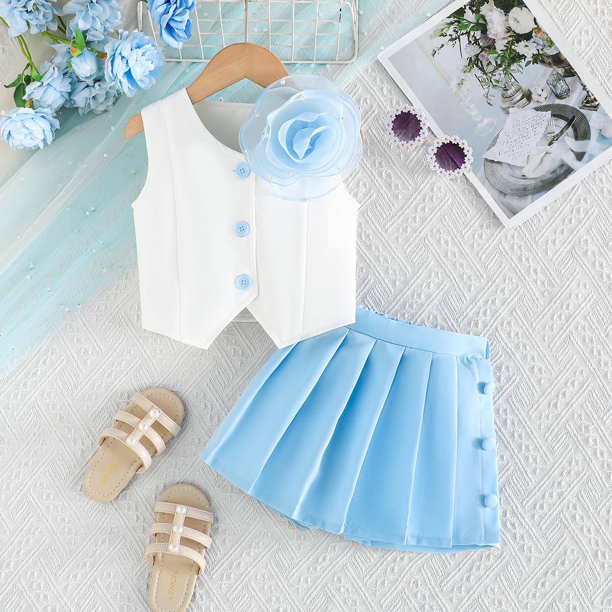 Kids 2-Piece Formal Outfit, Button Vest with Floral Accent and Pleated Skirt 2-3Y голубые глаза