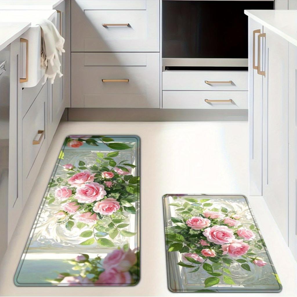 1 Stück Anti-Ermüdungs-Küchenteppiche, Schöne Rose Wasserdicht Rutschfest Dick Gepolsterte Küchenmatte Schwerlast Komfort Stehmatte für Küche