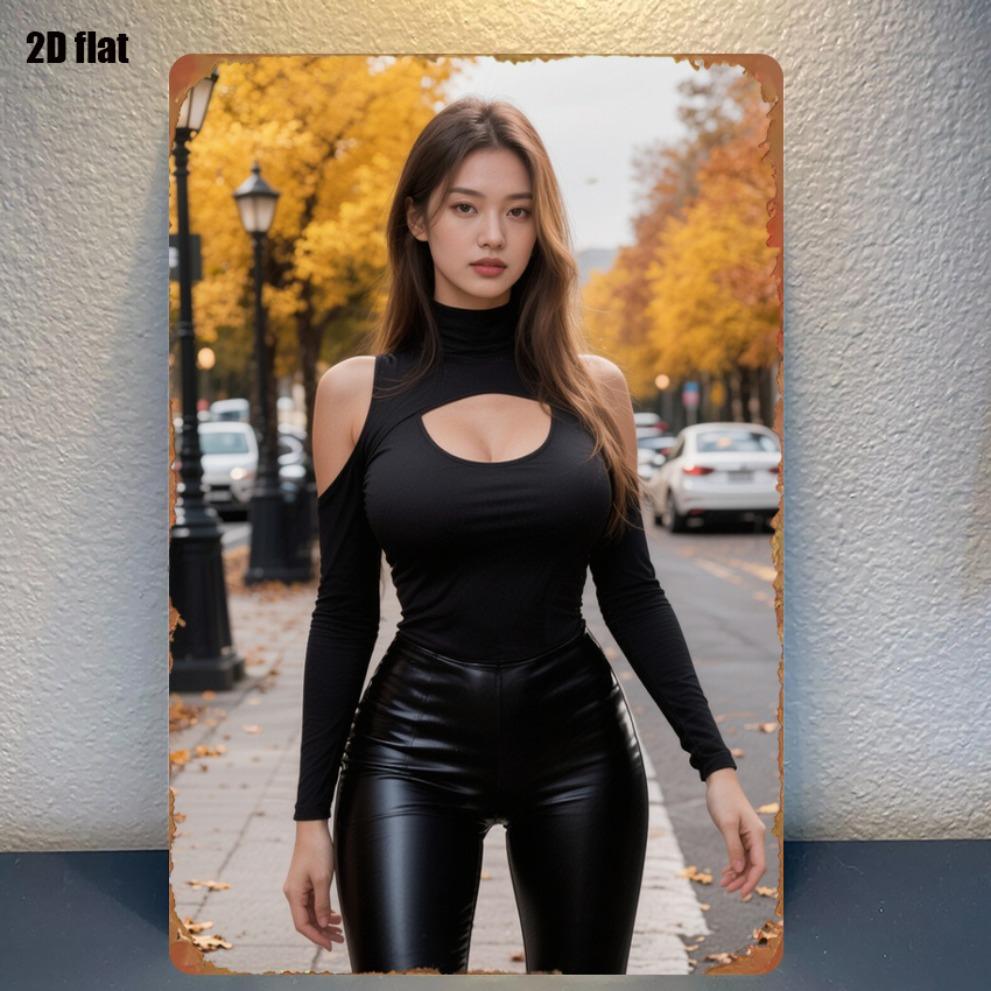 

HD Metal Tin Sign Black Cutout Top Leather Pants Asian Beauty Autumn Street Vintage Wall Art Decor 20x30cm（7.8x11.8inch）
