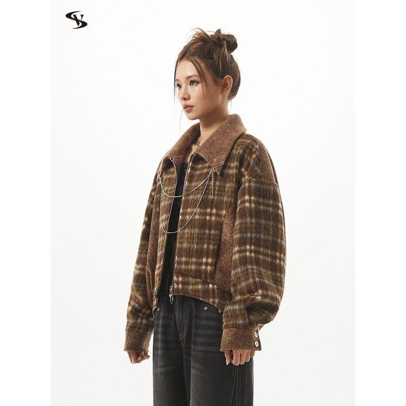 Vone Sheee American Retro Casual Loose Top Fleece-Lined Plaid Short Woolen Jacket for Women Early Autumn and Winter