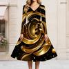 Women Plus Size V Neck Long Sleeve Black White Printed A Line Flared Dress With Belt