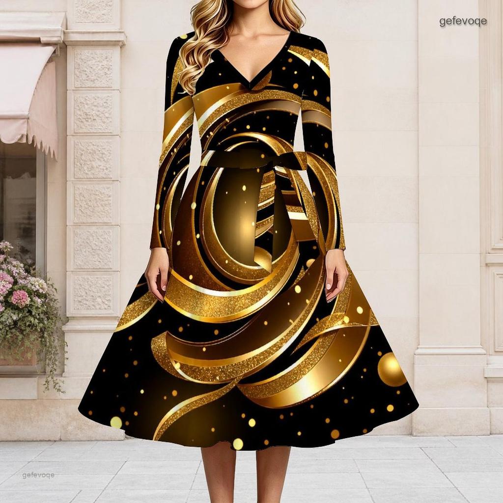 Women Plus Size V Neck Long Sleeve Black White Printed A Line Flared Dress With Belt