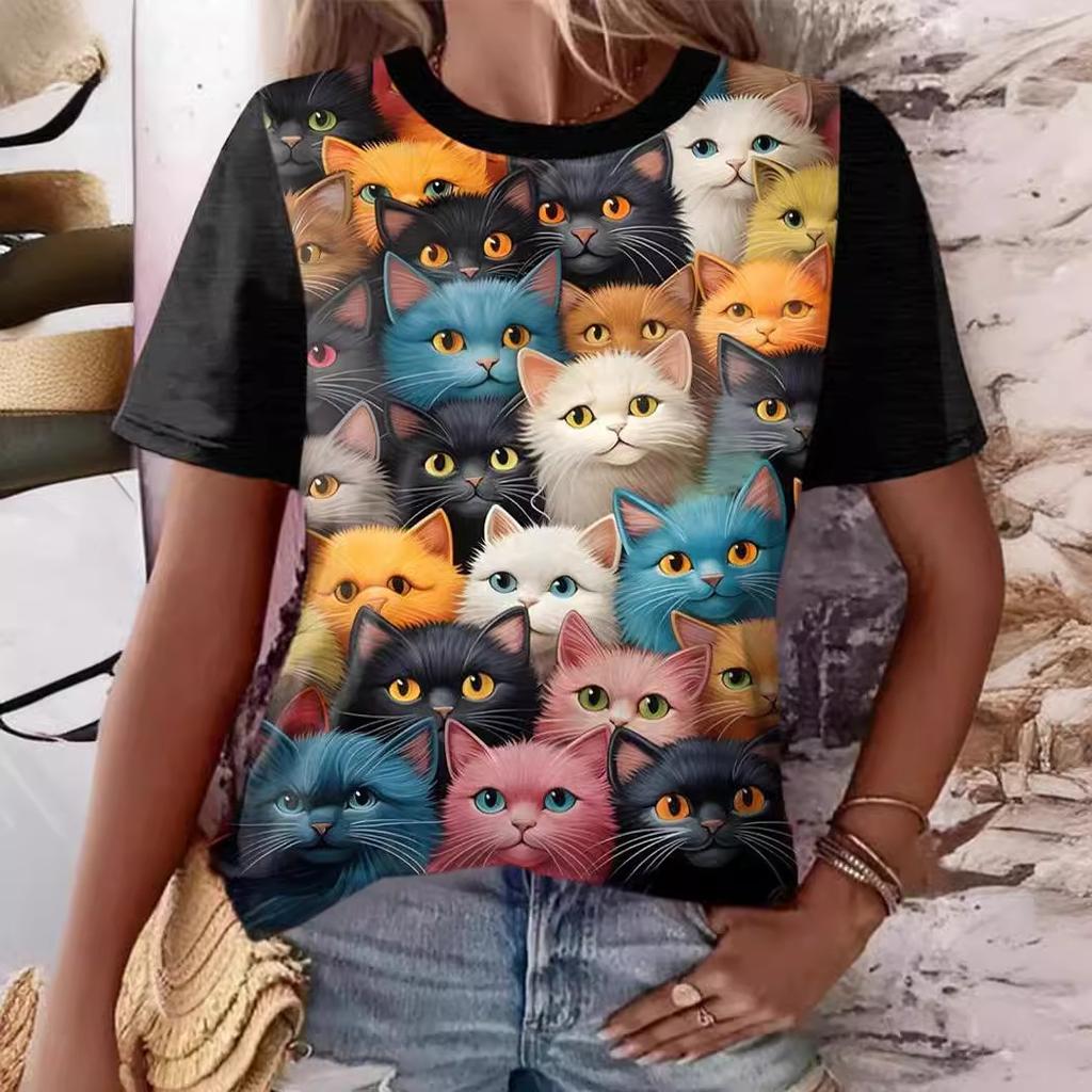 Summer Round Neck 3D Cute Cat and Dog Print Top Fashionable Casual Short Sleeved Women's T-shirts