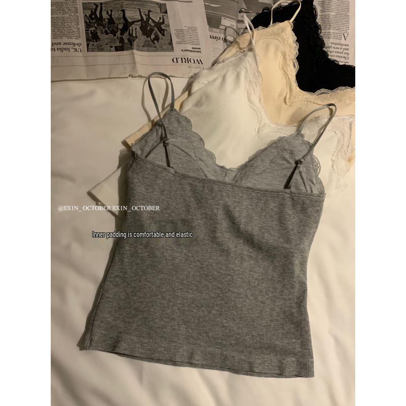 New Lace Back Strappy Tank Top with Fixed Cup and Chest Pads