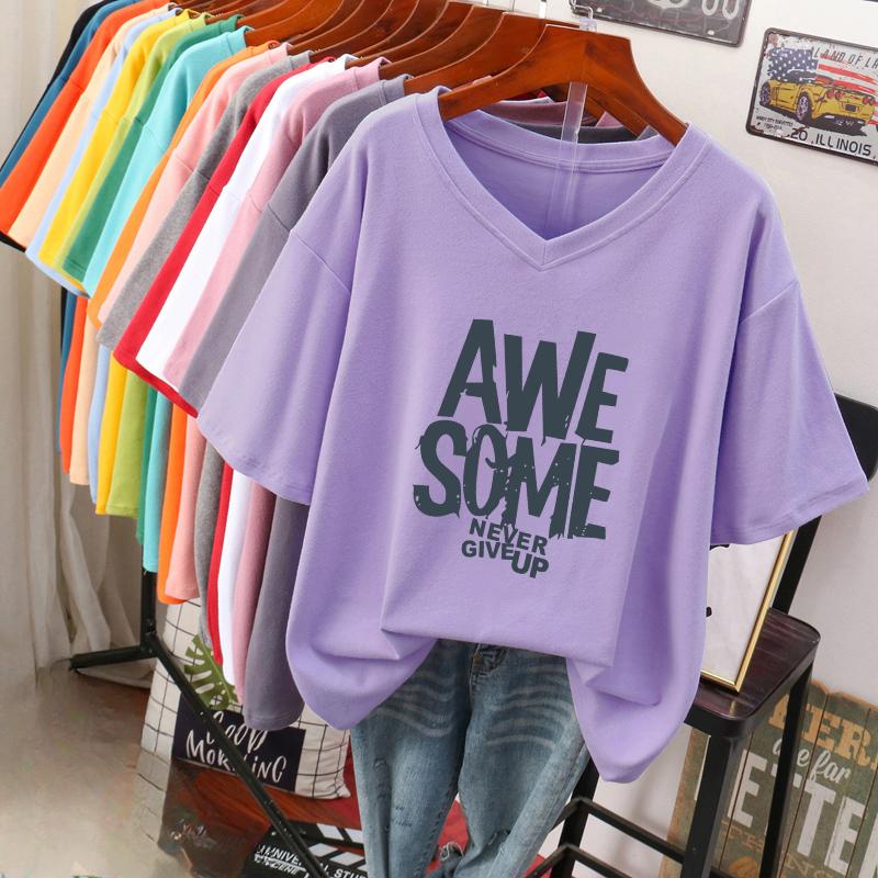 Short-sleeved T-shirt, Loose-fitting, Slimming Printed V-neck Top for Women