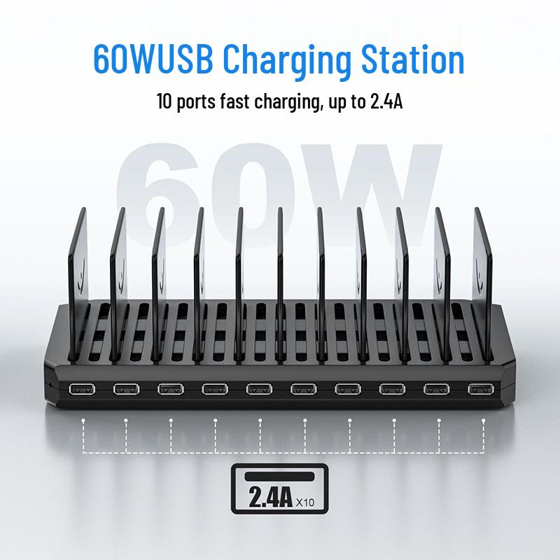 10-Port USB PD Charging Station with Storage Rack for Tablets & Phones