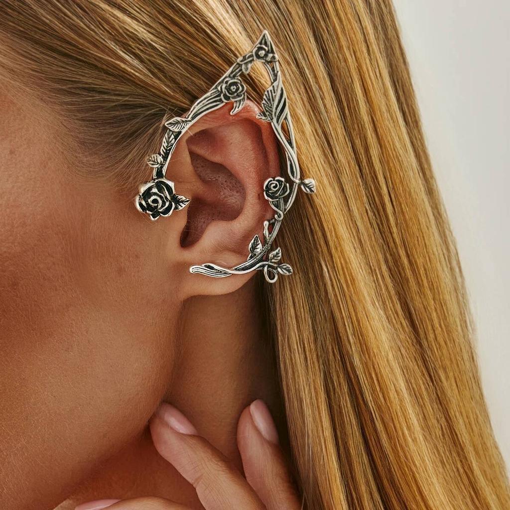KunJoe 1 Pair Vintage Rose Flower Elf Ear Clip for Women Goth Fairy Ear Cuff Piercing Earrings Halloween Jewelry Ear Decoration