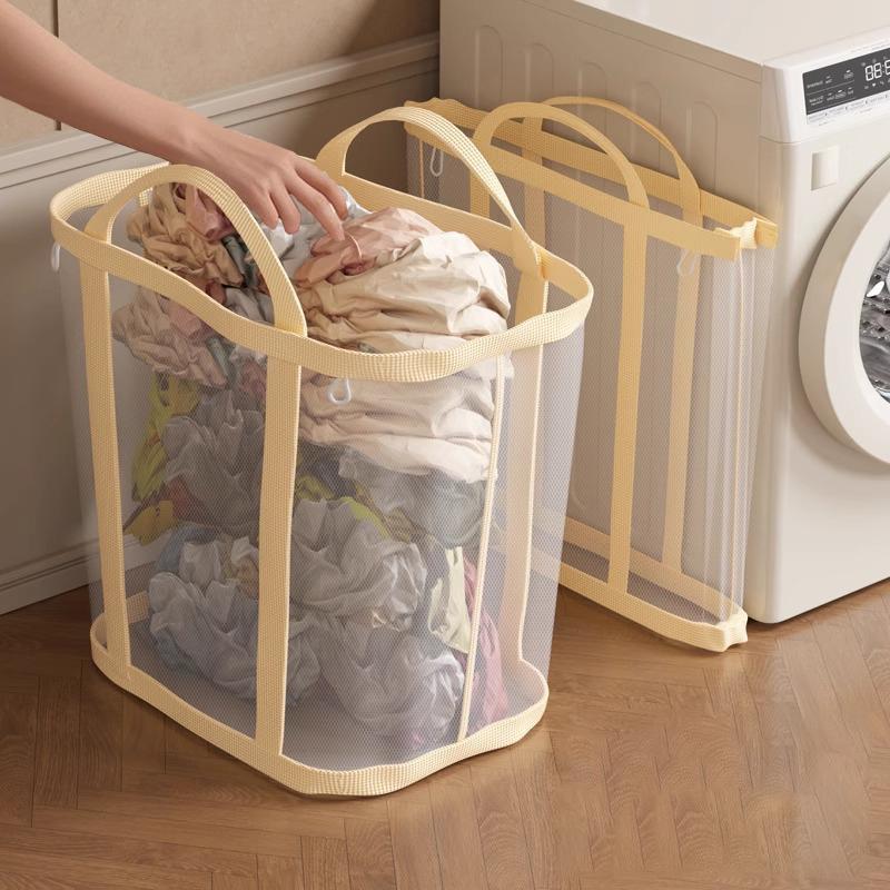 Nylon Mesh Laundry Basket With Handle Breathable Folding Portable Dirty Clothes Organizer Bags Large Capacity Toys Storage Bag