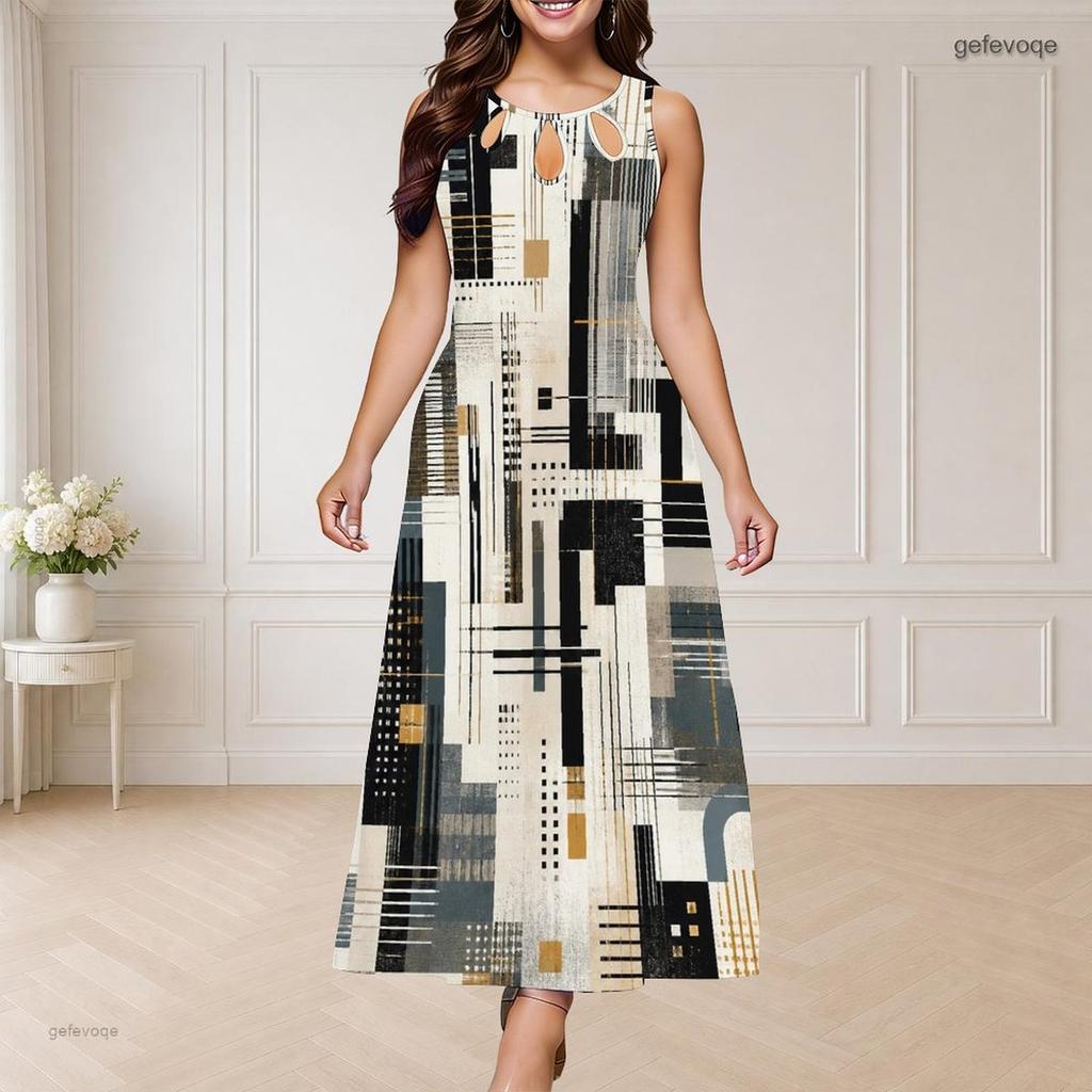 Women Plus Size Round Neck Triple Keyhole Cutout Sleeveless Navy Blue Printed Maxi Dress