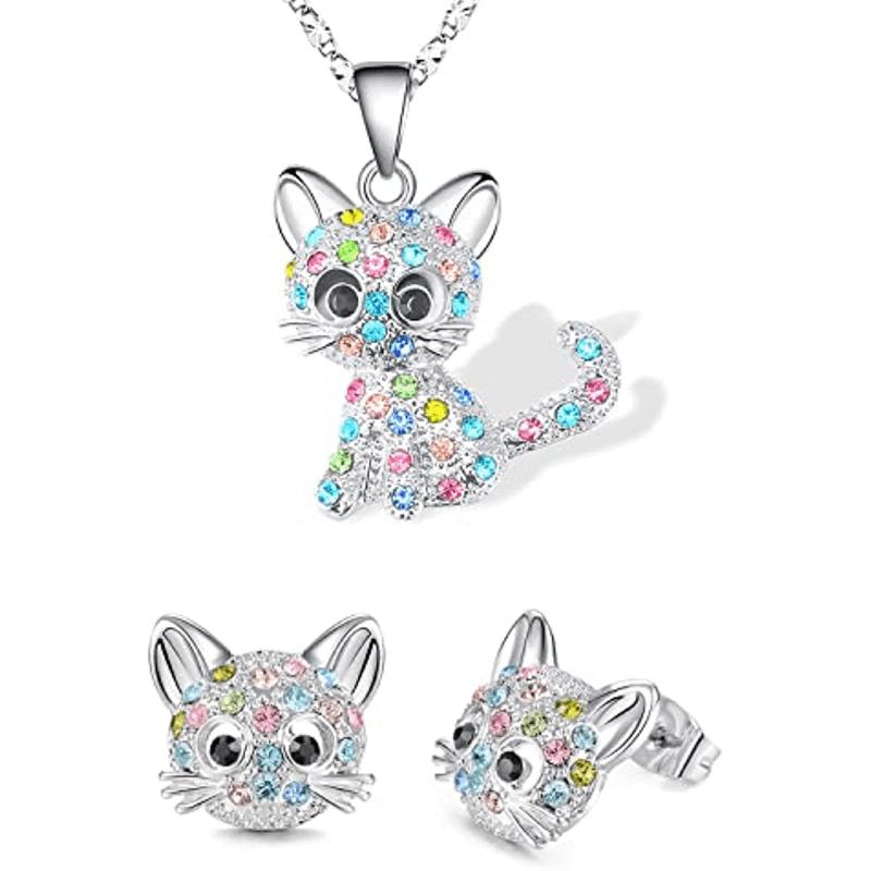 Cat Gifts for Girls Cat Necklace and Cat Earrings Set Little Girls Jewelry for Cat Lover Daughter Granddaughter, for Teenager