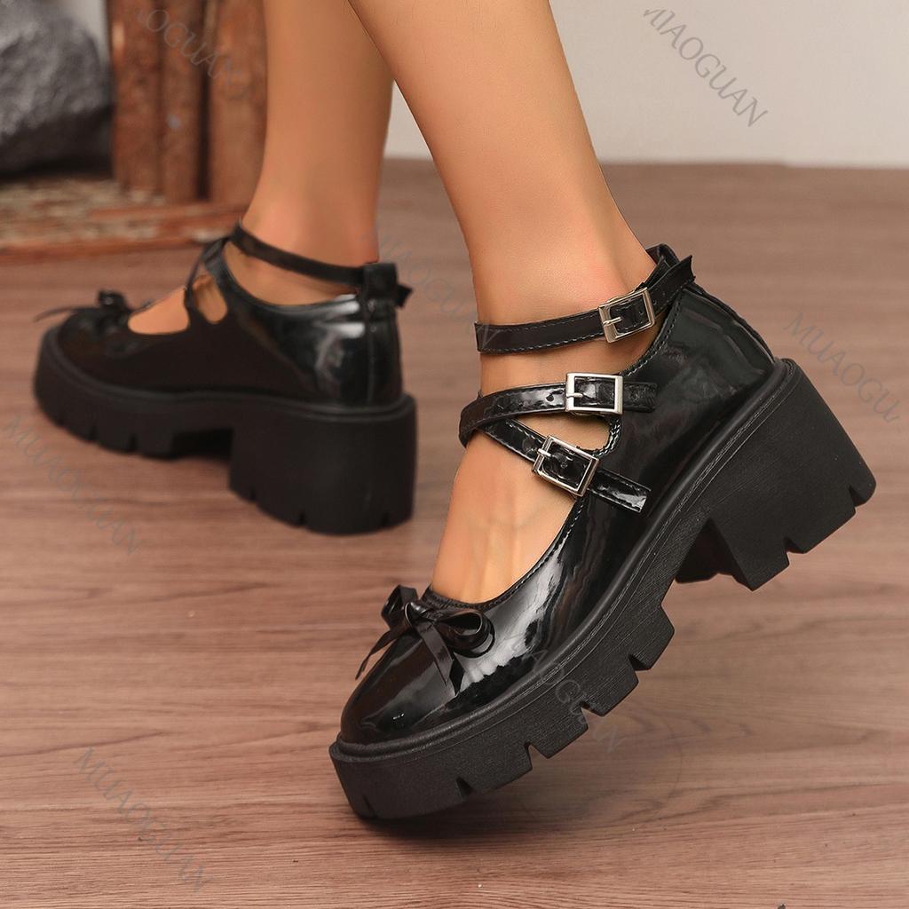 Fashion Retro Mary Jane Single Shoes 2025 New Spring Autumn Black Chunky Heeled Women's Shoes Ankle Belt Buckle Round Toe Pumps Loafers