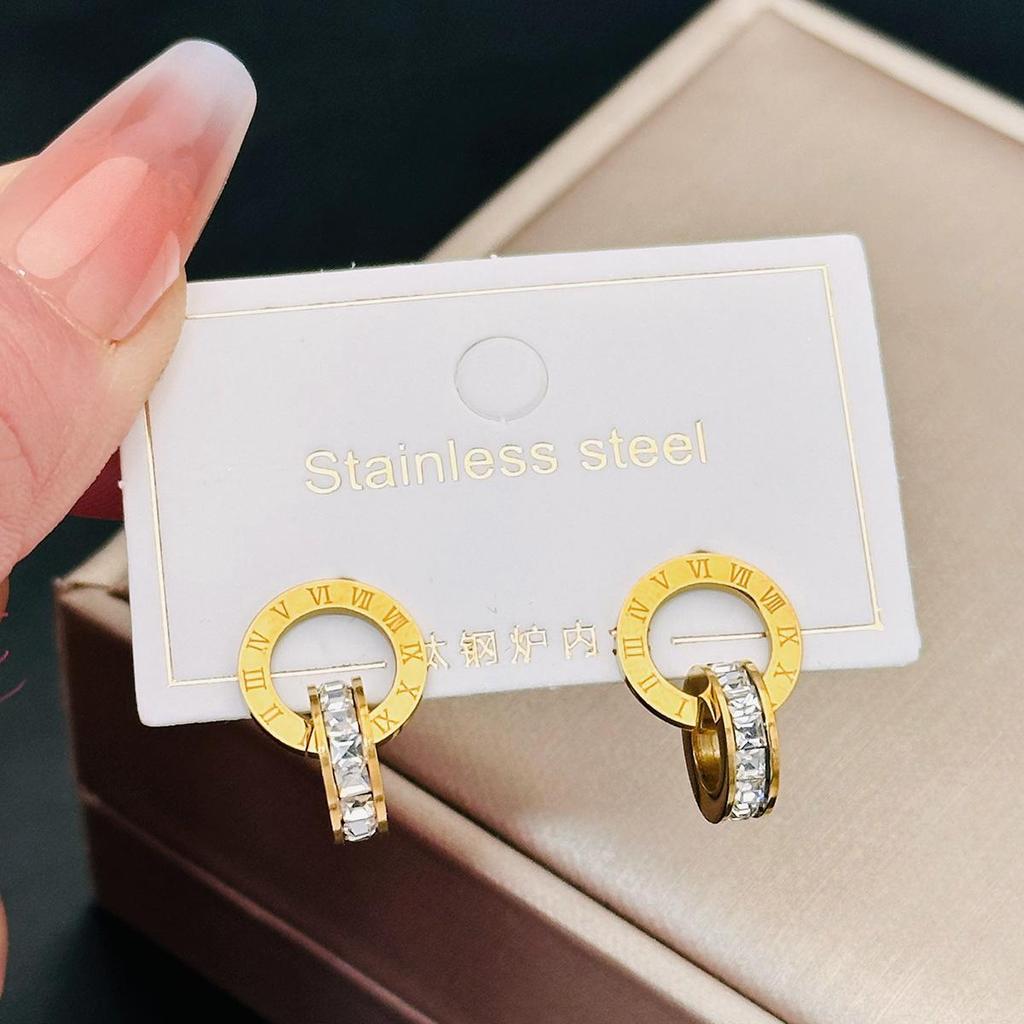 New creative earrings with diamond inlay rose gold titanium steel earrings women's double ring popular earrings accessories