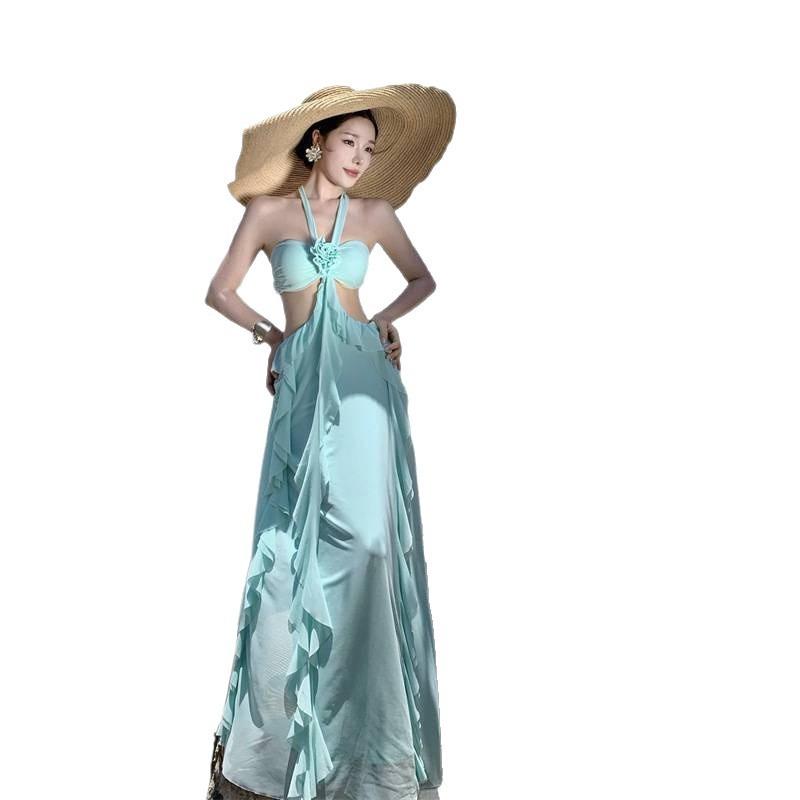 Neck Tube Top Ruffle Leaf Edge Halter Dress Women's Summer New Seaside Vacation Beach Dress