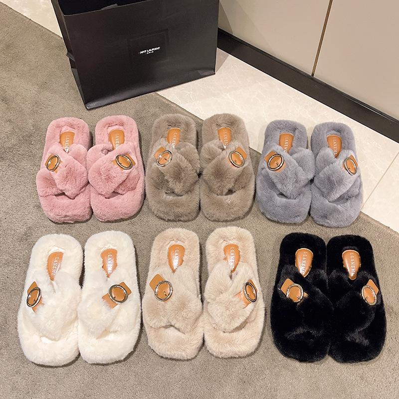Korean Version Ins Trendy Fluffy Slippers Women's  Autumn Soft Bottom Cross with One-word Drag Casual Outer Wear Versatile Cotton Drag