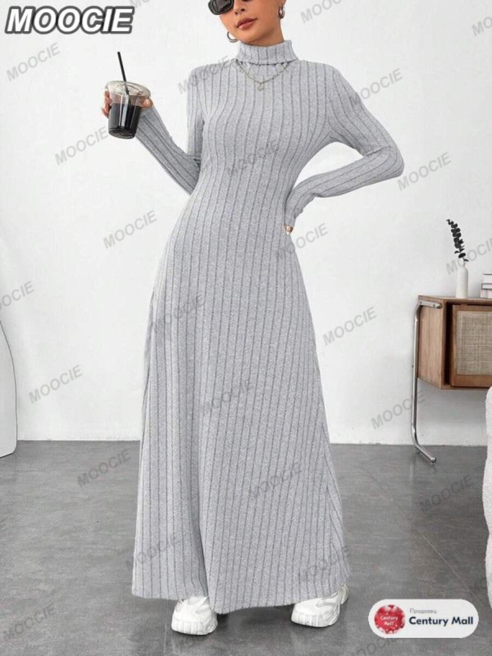Winter Women s Elegant Slim Fit High Neck Fashion Color Ribbed Brushed Long Sleeve Dress L