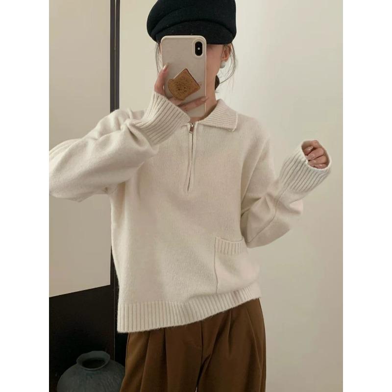 

Lapel half zipper knitted sweater top women s autumn and winter new solid color versatile soft waxy lazy wind pullover sweater average size