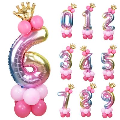 32inch Rainbow Foil Number Balloon with Crown Wedding Anniversary Party Latex Balloon Decor Kids Birthday Air Ball Supply Festival Decoration