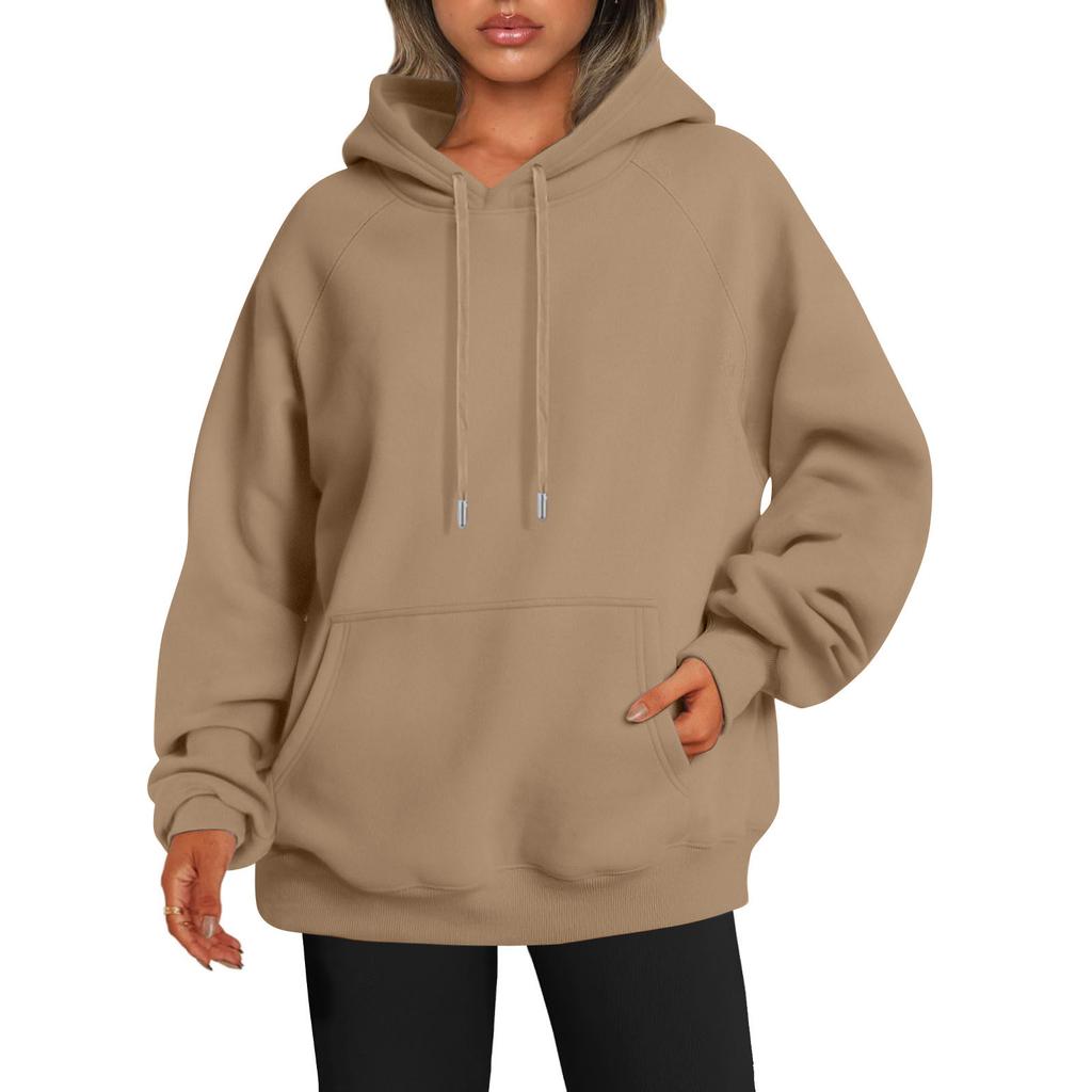 Kapuzenpullover für Damen, Herbst/Winter, dicke Kapuze, lange Ärmel, große Tasche, Übergröße, mittellang, einfarbig, locker, elastische Bündchen, Kordelzug, Sport-Oberteil
