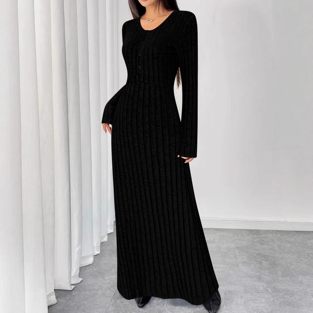 Independent station Europe, America, autumn and winter solid color pit strip dress simple temperament V-neck single-breasted dress long dress women