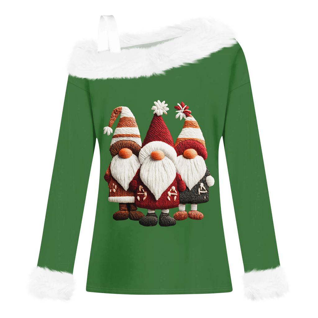 Women's Casual Fashion Sexy Off-Shoulder Collar Christmas Pattern Long Sleeve Crewneck T-Shirt Top