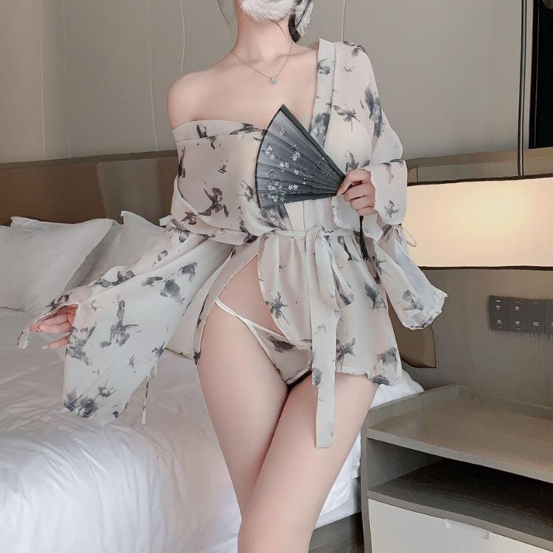 Sexy Lingerie Pure Desire Butterfly Print Kimono Perspective Bathrobe Uniform Set Free Pajamas Temptation Qqny