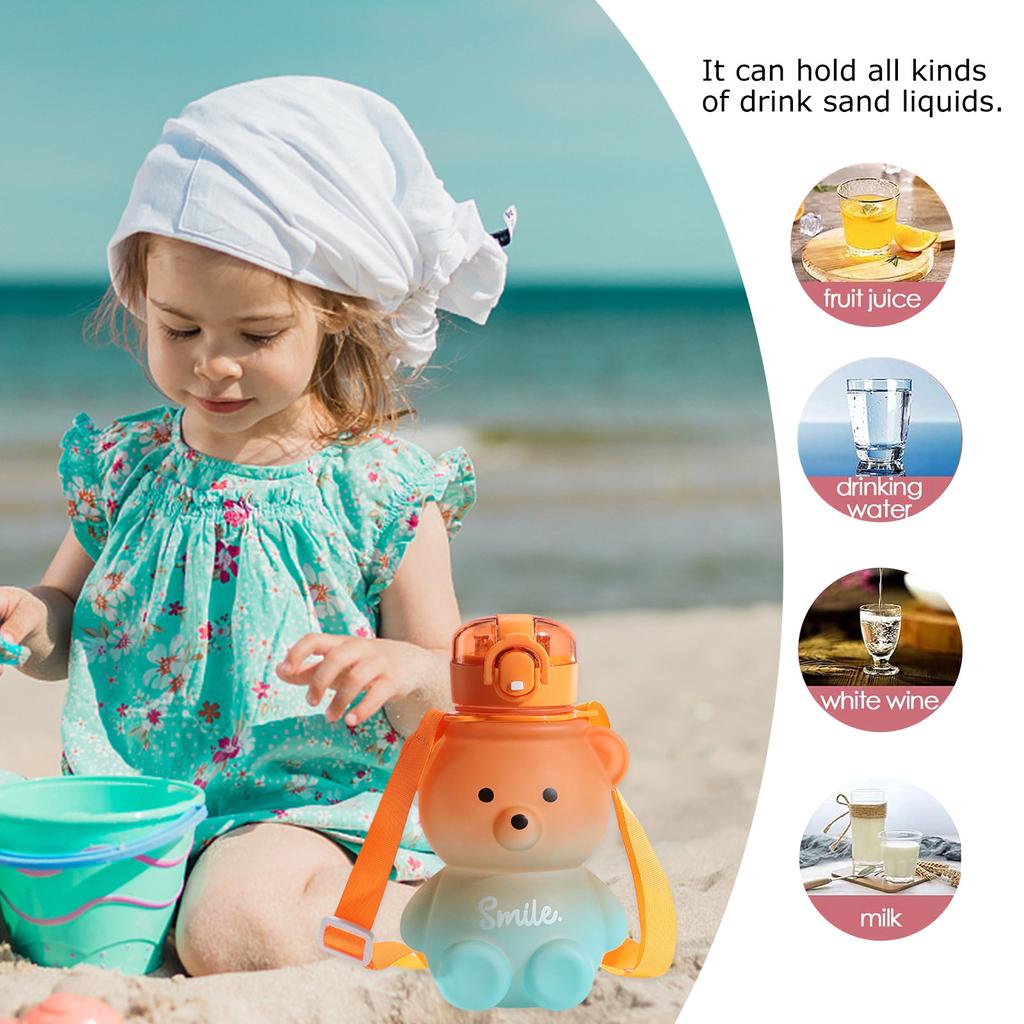 800ml Bear Water Bottles with Strap and Straw Leak-Proof Kawaii Bear Straw Bottle Cute Gradient Colorful BPA Free for Teens Kids