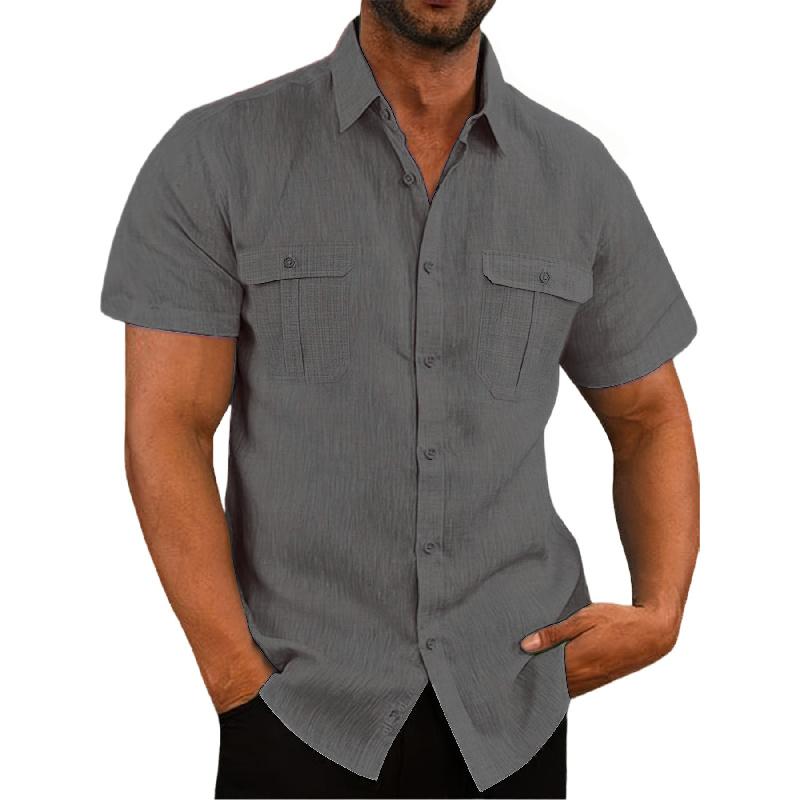 Men's Summer Business Shirt with Double Pockets, Short Sleeve Shirt, Casual Vacation Top