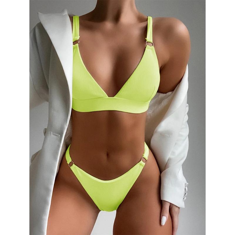

Сексуальный бикини с высоким вырезом на бедрах, ребристый, женский купальник с металлическим кольцом, женский купальник, однотонный комплект бикини, мягкая пляжная одежда, купальный костюм M