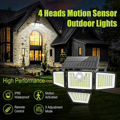 300 LED Solar Motion Sensor Lights 233led Solar Lights Outdoor 3/4 Adjustable Heads IP65 Waterproof Security LED Flood Light