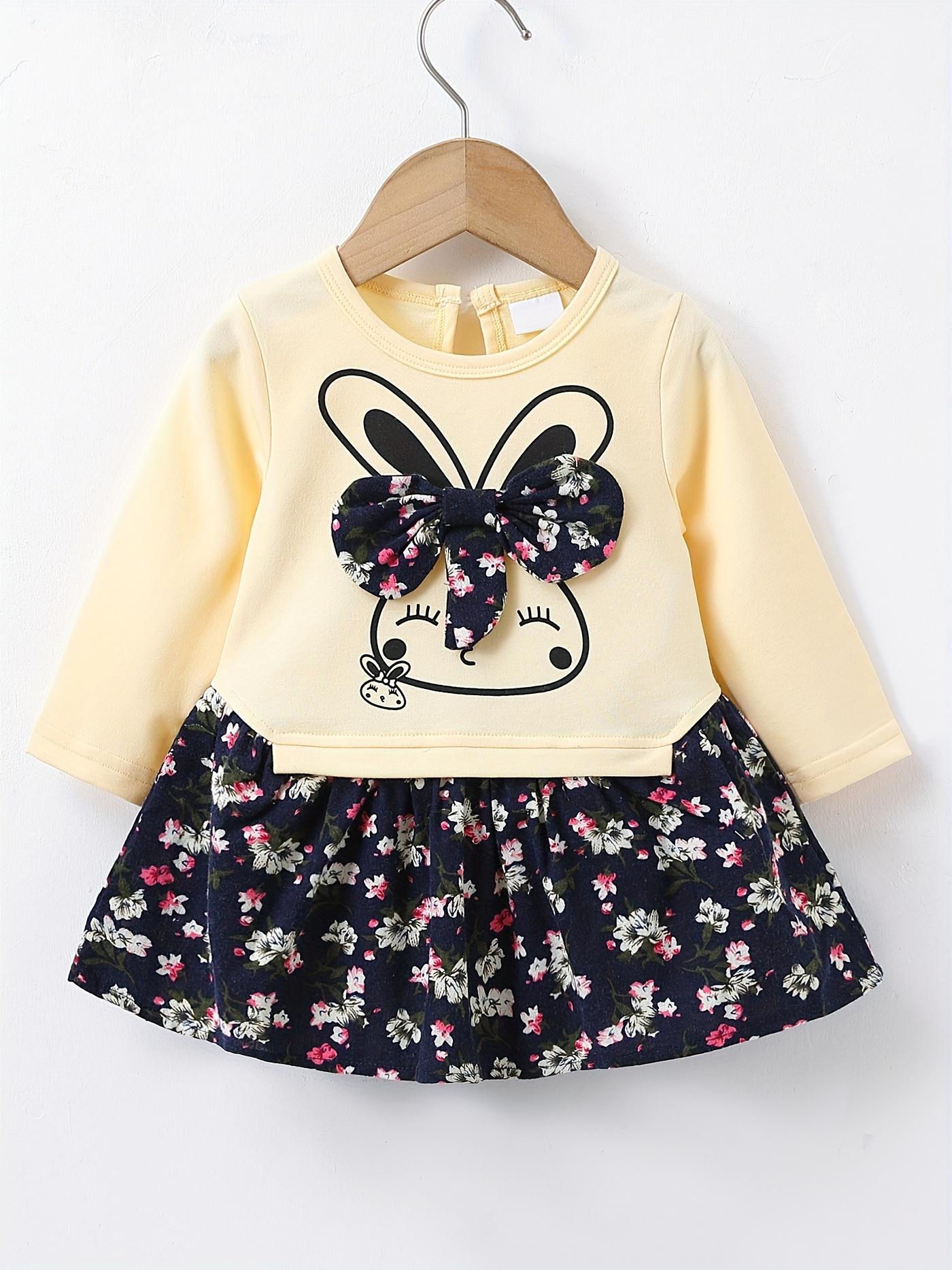 

Girls Cute Rabbit Dress 1-6 Years Old Yellow Long Sleeve Top with Red Floral Print Tiered Skirt and Bow Decoration Kids Girl Casual Dresses 18-24M синий