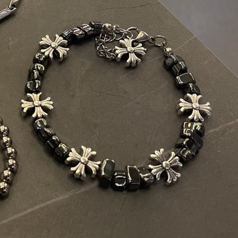 Retro Broken Silver Cross Flower Spliced Couple Bracelet Hip Hop Jewelry