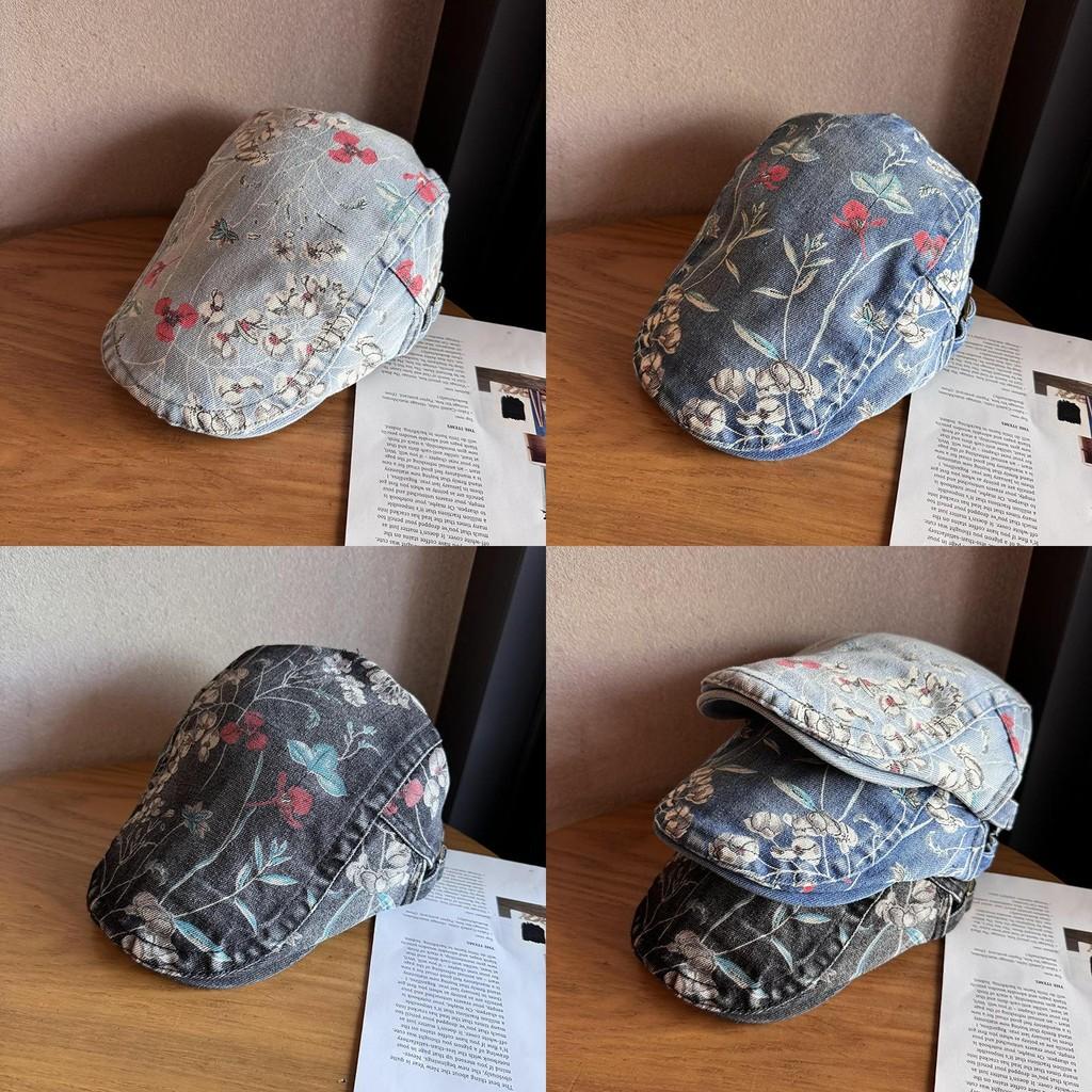 Ethnic Style Denim Cotton Cap With Floral Print For Streetwear And Sun Protection