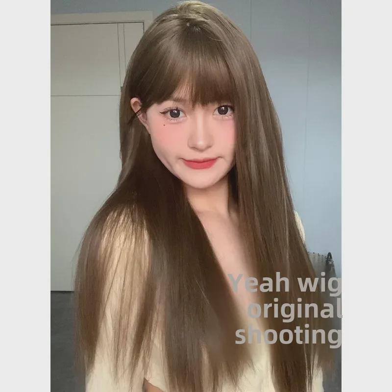 Natural Long Black Straight Wig with Air Bangs