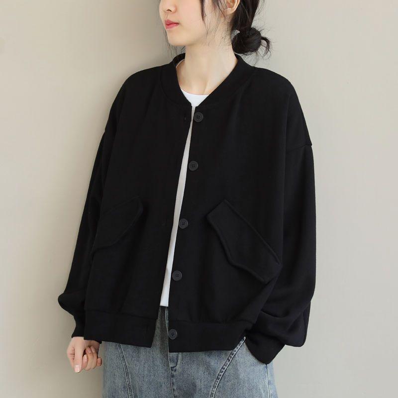 High cotton loose literary long-sleeved short jacket spring new solid color stand-up collar versatile casual meat-covering and thin top