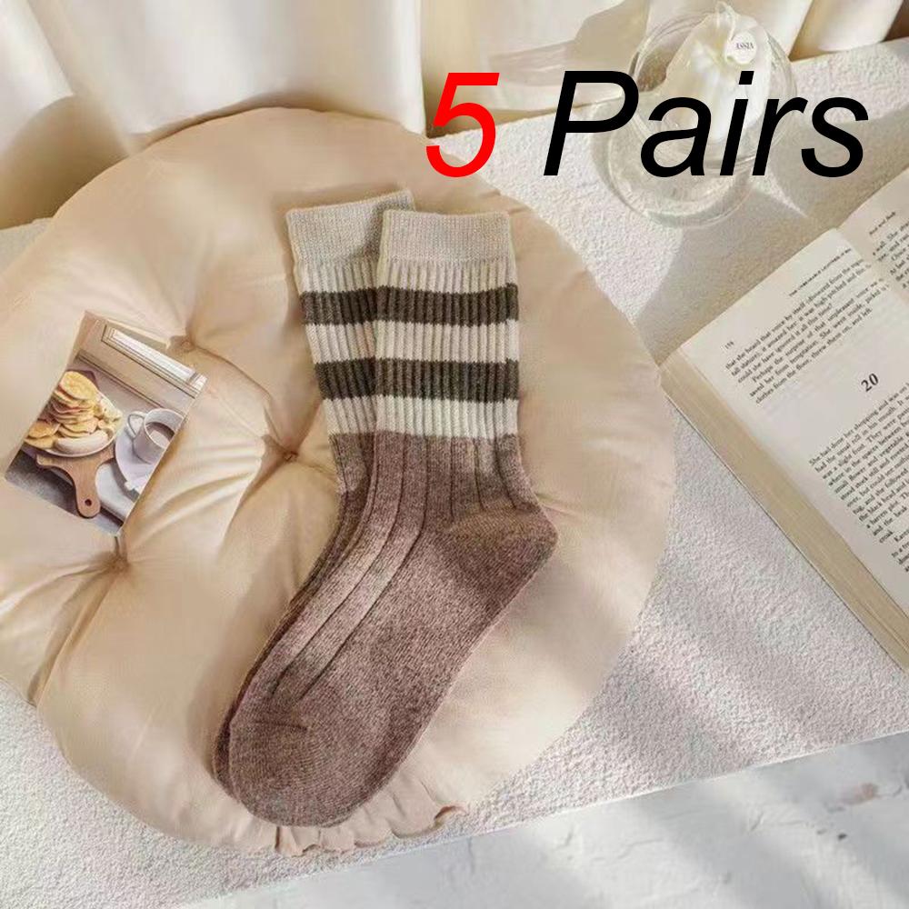 5 Pairs Women Parallel Bars Striped Mid Tube Socks Fashionable Autumn Winter Sweat Absorbing Warm Soft Comfortable Casual Socks