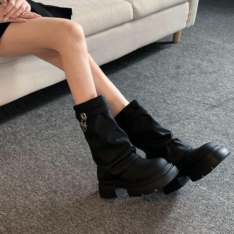 

Fashion Fashion Buckle Black Ankle Boots for Women Fashion Pu Leather Thick Bottom Combat Boots Woman Thick Slip on Platform Punk Botas 35 чёрный
