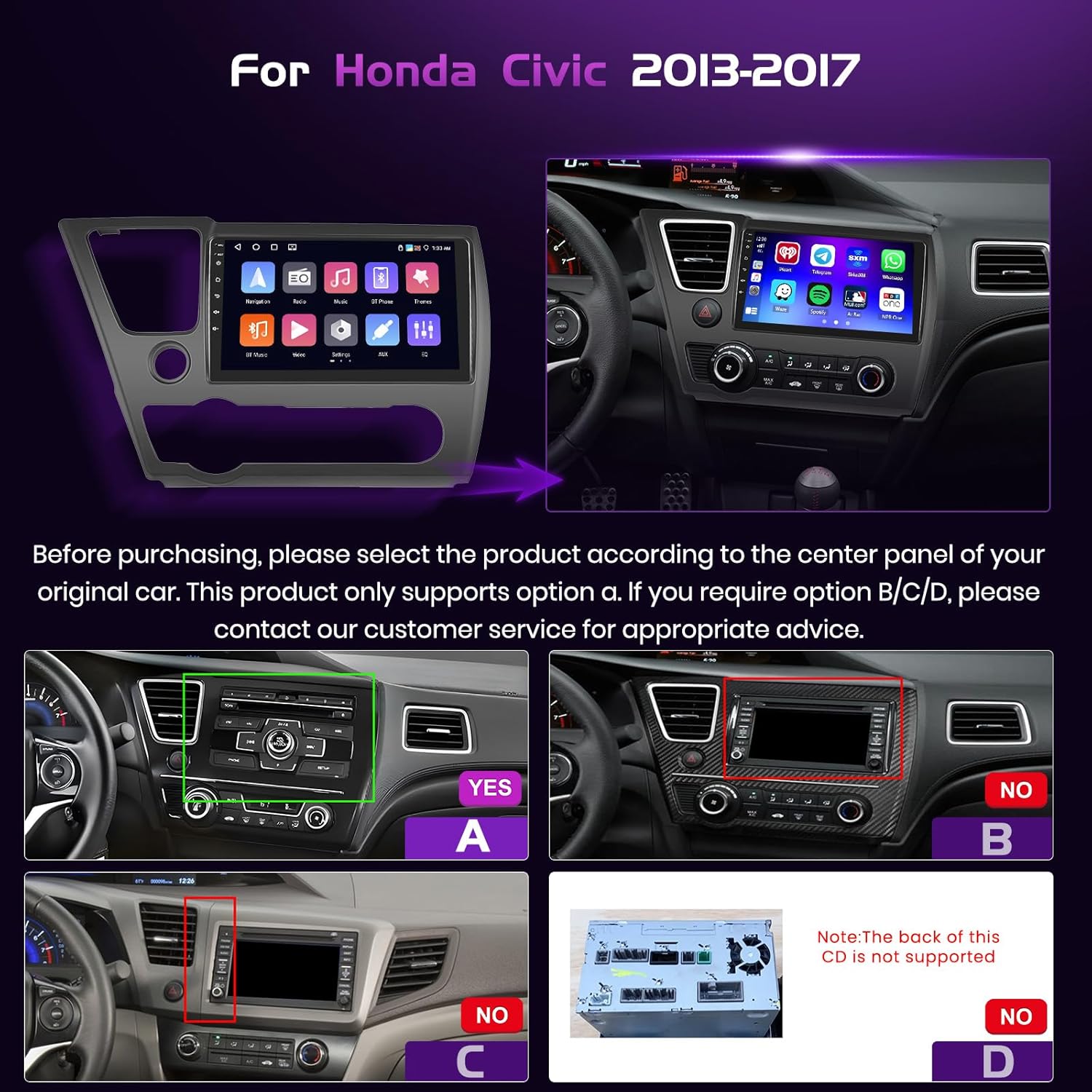 

Android 15 Car Stereo for Honda Civic 2013-2017, 4+64GB, CarPlay, Android Auto, 9 Touch Screen, GPS, WiFi, Bluetooth, Backup Ca United States